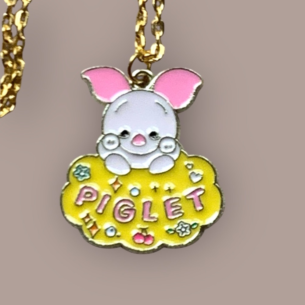 Piglet Pendant Necklace Pink & Yellow Enamel